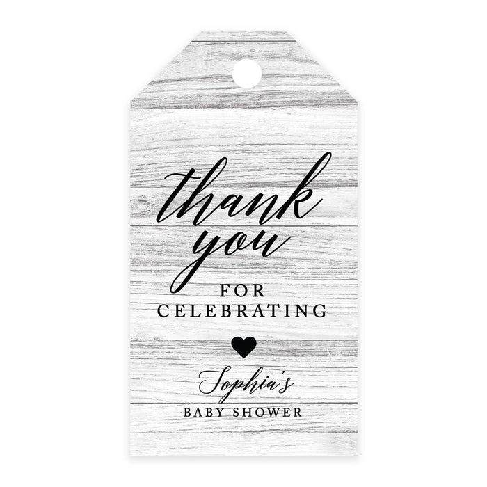 Custom Baby Shower Favor Tags, Thank you for Celebrating Gift Tags with Bakers Twine, 2 x 3.75-Inches-Set of 100-Andaz Press-Gray Rustic Wood-