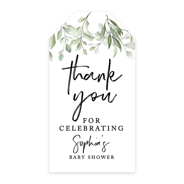 Custom Baby Shower Favor Tags, Thank you for Celebrating Gift Tags with Bakers Twine, 2 x 3.75-Inches-Set of 100-Andaz Press-Greenery Leaves-