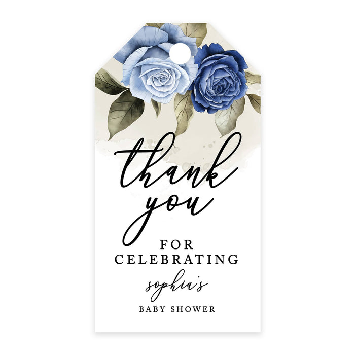 Custom Baby Shower Favor Tags, Thank you for Celebrating Gift Tags with Bakers Twine, 2 x 3.75-Inches-Set of 100-Andaz Press-Icy Blue Roses-