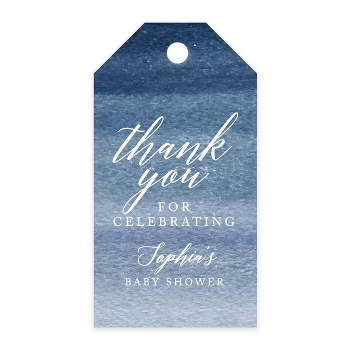 Custom Baby Shower Favor Tags, Thank you for Celebrating Gift Tags with Bakers Twine, 2 x 3.75-Inches-Set of 100-Andaz Press-Navy Blue Ombre Watercolor-