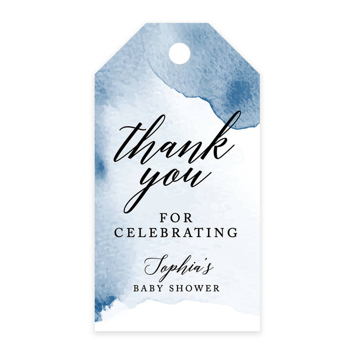 Custom Baby Shower Favor Tags, Thank you for Celebrating Gift Tags with Bakers Twine, 2 x 3.75-Inches-Set of 100-Andaz Press-Navy Blue Watercolor-