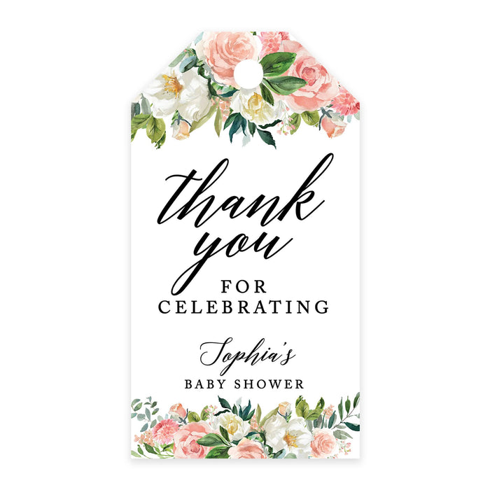 Custom Baby Shower Favor Tags, Thank you for Celebrating Gift Tags with Bakers Twine, 2 x 3.75-Inches-Set of 100-Andaz Press-Peach Coral Floral Garden-