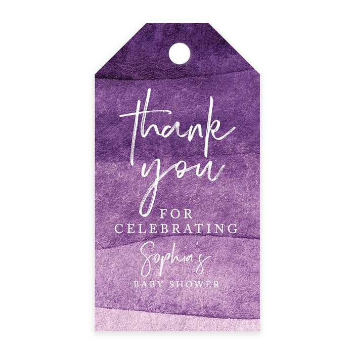 Custom Baby Shower Favor Tags, Thank you for Celebrating Gift Tags with Bakers Twine, 2 x 3.75-Inches-Set of 100-Andaz Press-Purple Ombre Watercolor-
