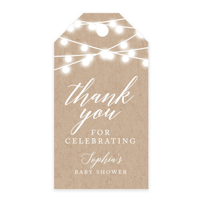 Custom Baby Shower Favor Tags, Thank you for Celebrating Gift Tags with Bakers Twine, 2 x 3.75-Inches-Set of 100-Andaz Press-Rustic String Lights-