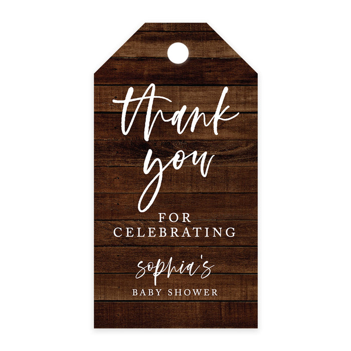 Custom Baby Shower Favor Tags, Thank you for Celebrating Gift Tags with Bakers Twine, 2 x 3.75-Inches-Set of 100-Andaz Press-Rustic Wood-