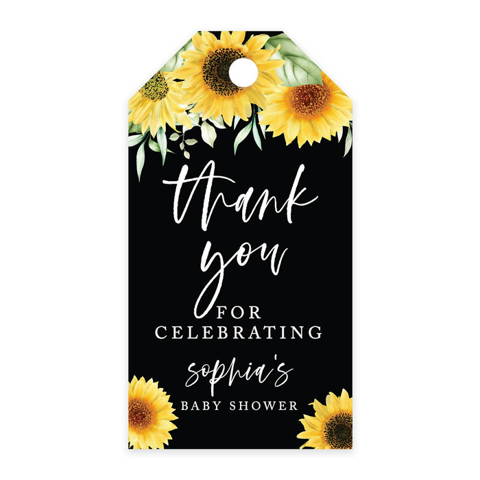 Custom Baby Shower Favor Tags, Thank you for Celebrating Gift Tags with Bakers Twine, 2 x 3.75-Inches-Set of 100-Andaz Press-Sunflowers with Black Background-