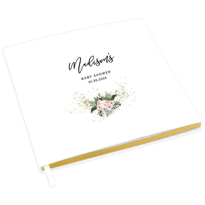 Custom Baby Shower Guestbook with Gold Accents, White Guest Sign in Registry, Design 1-Set of 1-Andaz Press-Watercolor Orange Pink Florals-