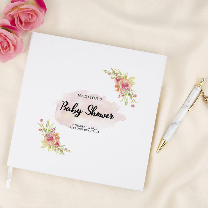 Custom Baby Shower Guestbook with Gold Accents, White Guest Sign in Registry, Design 1-Set of 1-Andaz Press-Watercolor Orange Pink Florals-