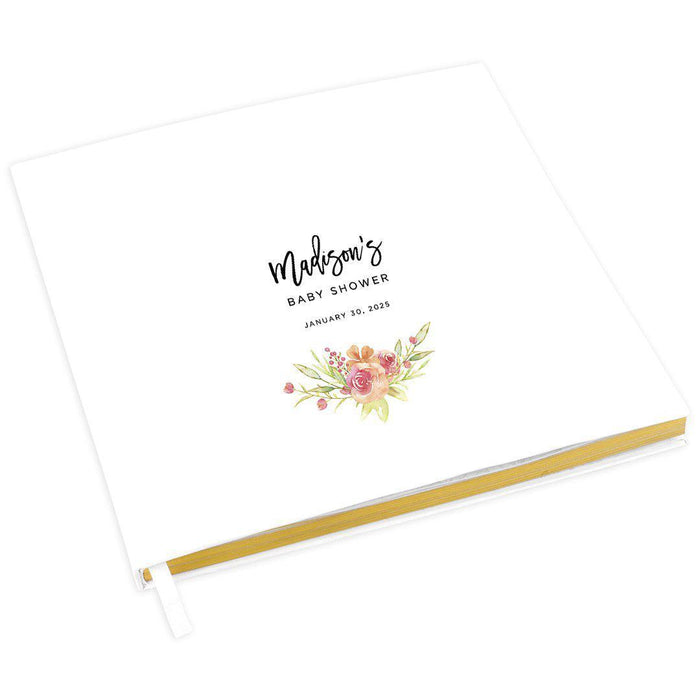 Custom Baby Shower Guestbook with Gold Accents, White Guest Sign in Registry, Design 1-Set of 1-Andaz Press-Watercolor Orange Pink Florals-