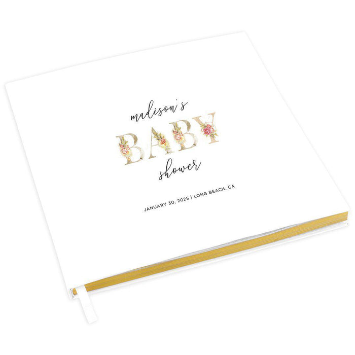 Custom Baby Shower Guestbook with Gold Accents, White Guest Sign in Registry, Design 1-Set of 1-Andaz Press-Floral Letters-