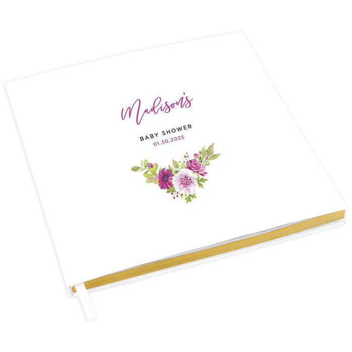 Custom Baby Shower Guestbook with Gold Accents, White Guest Sign in Registry, Design 1-Set of 1-Andaz Press-Fuchsia Florals-