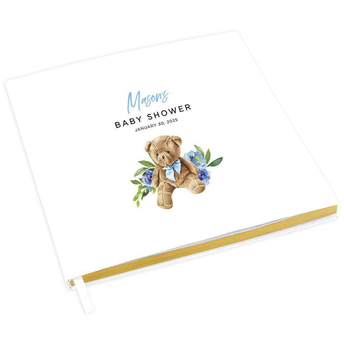 Custom Baby Shower Guestbook with Gold Accents, White Guest Sign in Registry, Design 1-Set of 1-Andaz Press-Teddy Bear With Blue Bow-