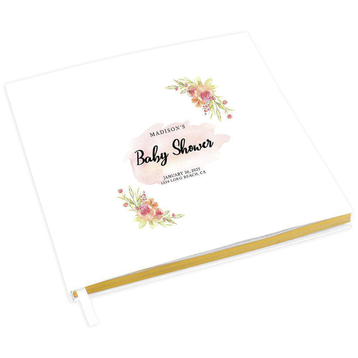 Custom Baby Shower Guestbook with Gold Accents, White Guest Sign in Registry, Design 1-Set of 1-Andaz Press-Watercolor Orange Pink Florals-