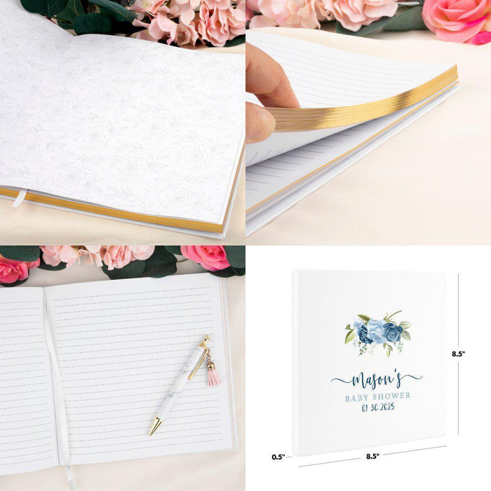 Custom Baby Shower Guestbook with Gold Accents, White Guest Sign in Registry, Design 2-Set of 1-Andaz Press-Blue Florals-