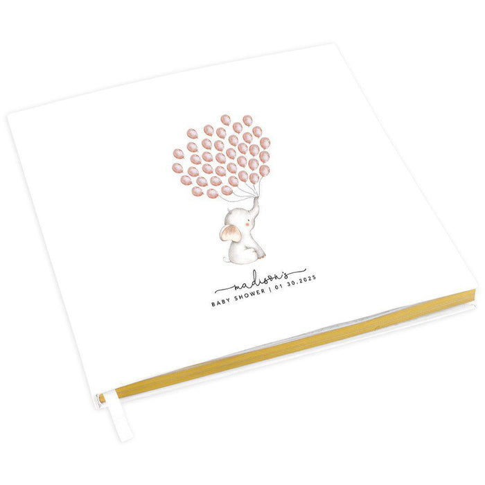 Custom Baby Shower Guestbook with Gold Accents, White Guest Sign in Registry, Design 2-Set of 1-Andaz Press-Baby Elephant with Balloons-