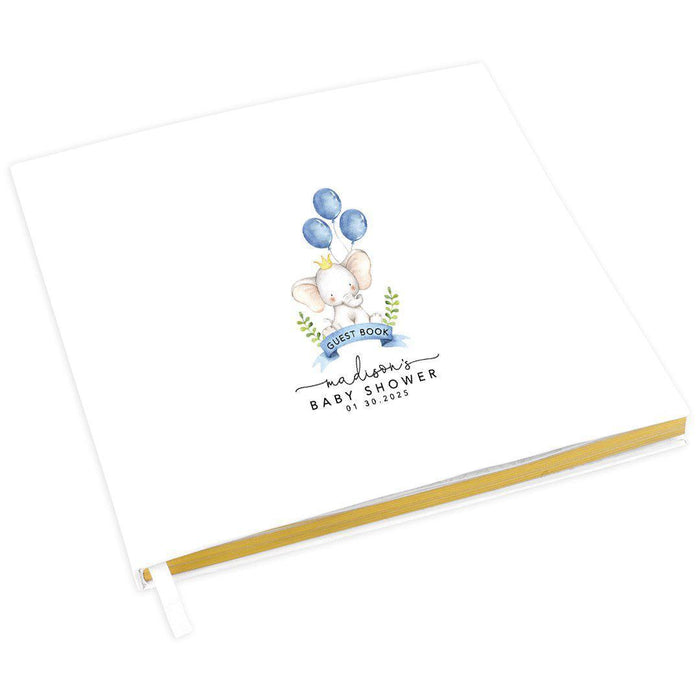Custom Baby Shower Guestbook with Gold Accents, White Guest Sign in Registry, Design 2-Set of 1-Andaz Press-Baby Elephant with Blue Balloons-