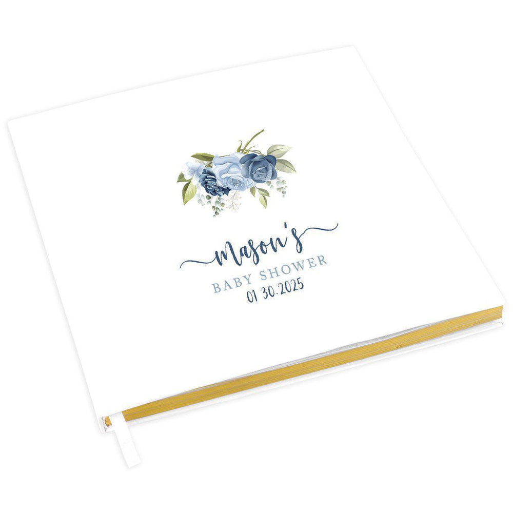 Custom Baby Shower Guestbook with Gold Accents, White Guest Sign in Registry, Design 2-Set of 1-Andaz Press-Blue Florals-