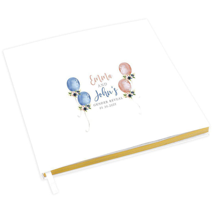 Custom Baby Shower Guestbook with Gold Accents, White Guest Sign in Registry, Design 2-Set of 1-Andaz Press-Pink and Blue Balloons-