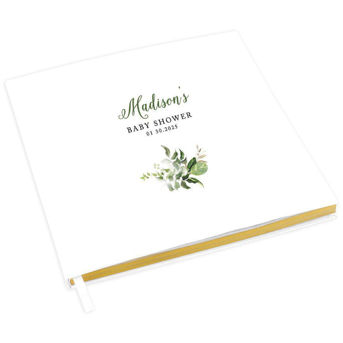 Custom Baby Shower Guestbook with Gold Accents, White Guest Sign in Registry, Design 2-Set of 1-Andaz Press-Simple Greenery Leaves-