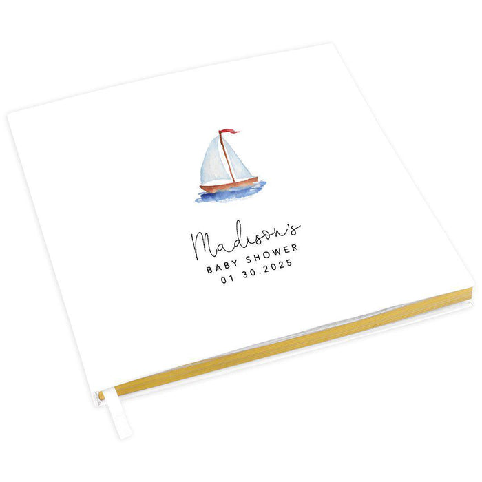 Custom Baby Shower Guestbook with Gold Accents, White Guest Sign in Registry, Design 2-Set of 1-Andaz Press-Watercolor Nautical Sailboat-
