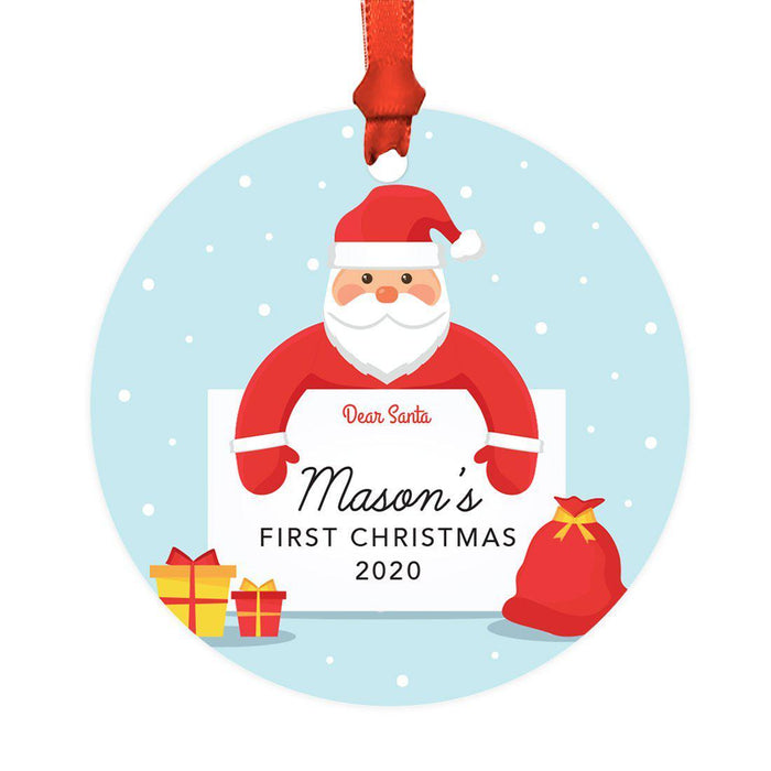 Custom Baby's 1st Christmas Round Metal Ornaments-Set of 1-Andaz Press-Baby's First Christmas Announcement-