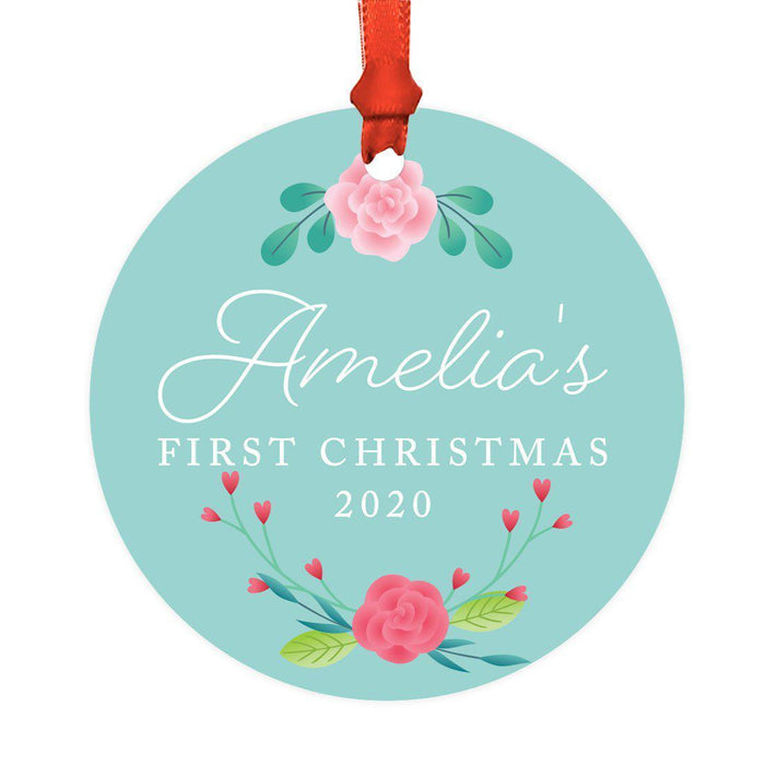 Custom Baby's 1st Christmas Round Metal Ornaments-Set of 1-Andaz Press-Baby's First Christmas Aqua-
