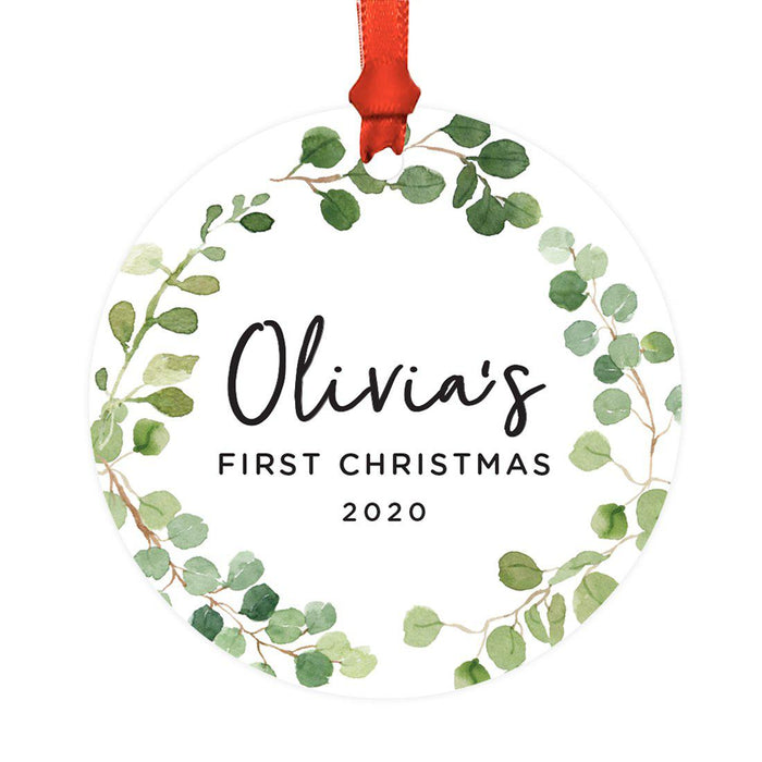 Custom Baby's 1st Christmas Round Metal Ornaments-Set of 1-Andaz Press-Baby's First Christmas Border-