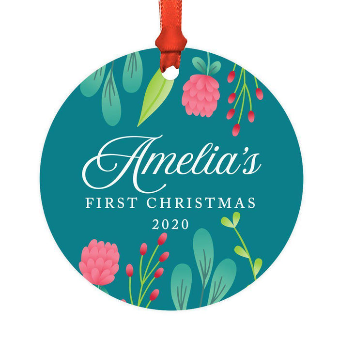Custom Baby's 1st Christmas Round Metal Ornaments-Set of 1-Andaz Press-Baby's First Christmas Dark Aqua-