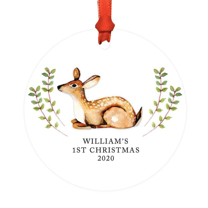 Custom Baby's 1st Christmas Round Metal Ornaments-Set of 1-Andaz Press-Baby's First Christmas Dear-