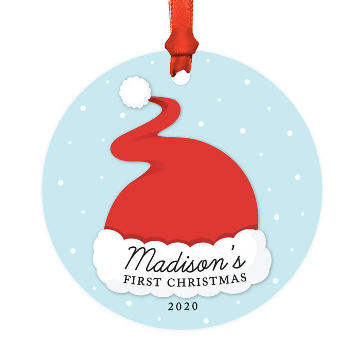 Custom Baby's 1st Christmas Round Metal Ornaments-Set of 1-Andaz Press-Baby's First Christmas Hat-