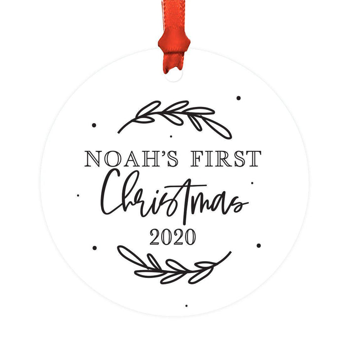 Custom Baby's 1st Christmas Round Metal Ornaments-Set of 1-Andaz Press-Baby's First Christmas Leaf Laurels-
