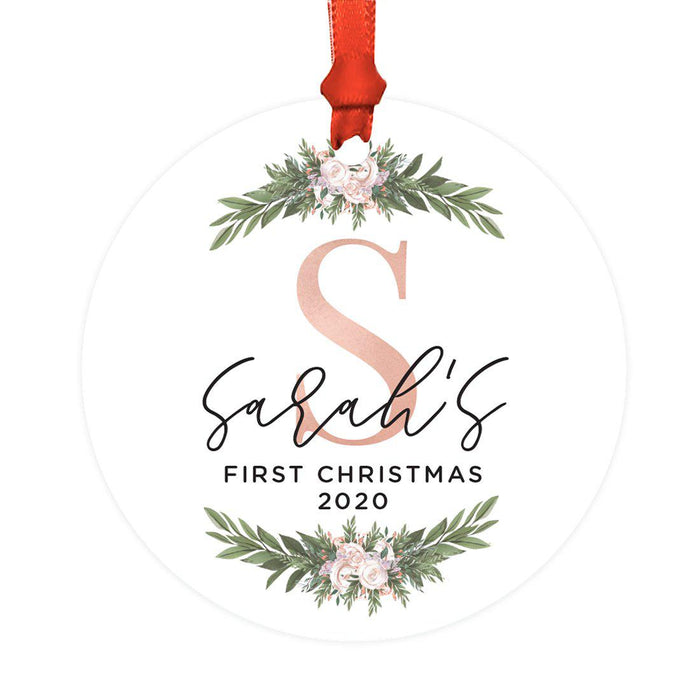 Custom Baby's 1st Christmas Round Metal Ornaments-Set of 1-Andaz Press-Baby's First Christmas Monogram-