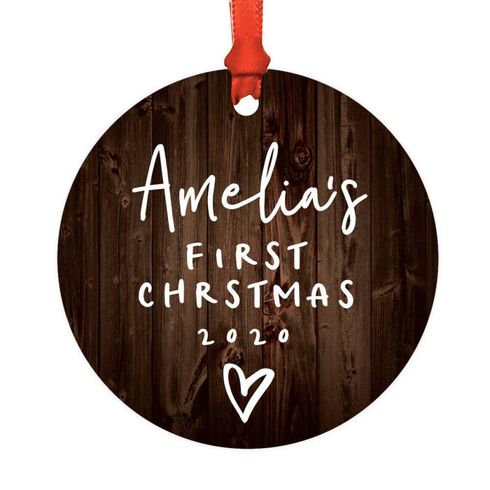 Custom Baby's 1st Christmas Round Metal Ornaments-Set of 1-Andaz Press-Baby's First Christmas Wood Heart-