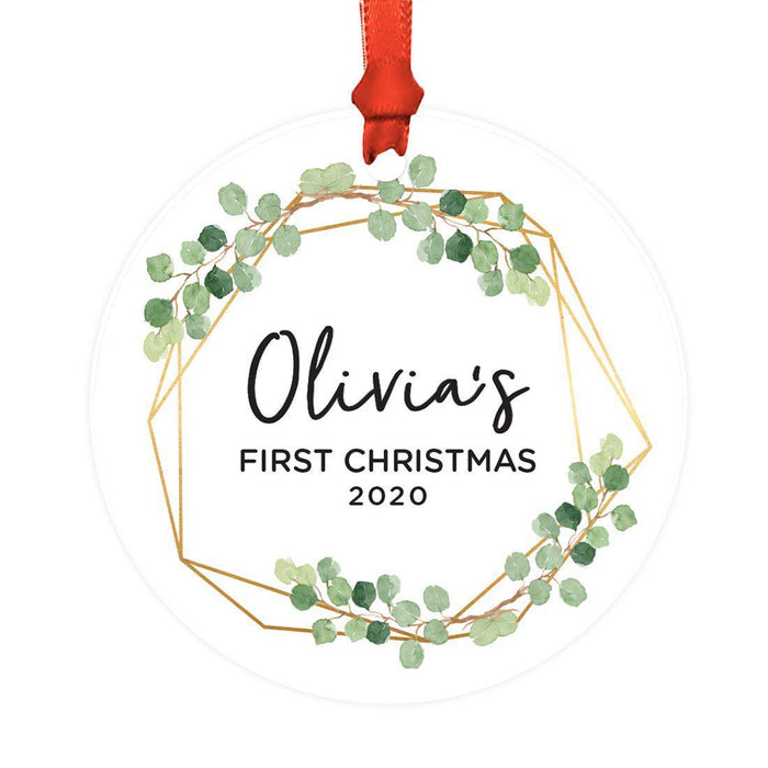 Custom Baby's 1st Christmas Round Metal Ornaments-Set of 1-Andaz Press-Baby's First Christmas Wreath-