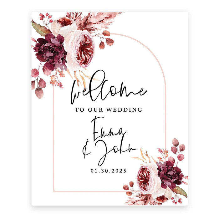 Custom Boho Wedding Canvas Welcome Signs-Set of 1-Andaz Press-Boho Arch with Burgundy Blush Florals-