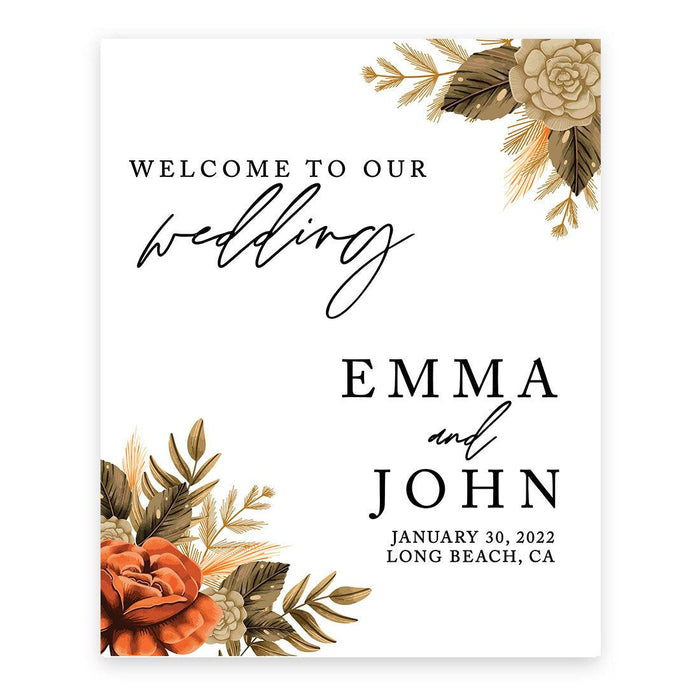 Custom Boho Wedding Canvas Welcome Signs-Set of 1-Andaz Press-Fall Burnt Orange Florals-
