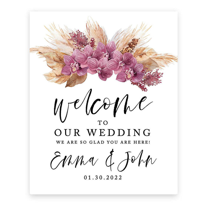 Custom Boho Wedding Canvas Welcome Signs-Set of 1-Andaz Press-Orchids with Fall Leaves-