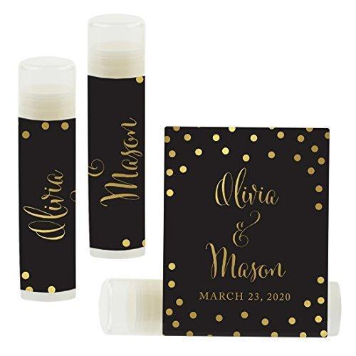 Custom Bridal Shower Bachelorette Party Lip Balm Favors, Brides Name and Date-Set of 12-Andaz Press-Faux Gold Glitter Shimmer-