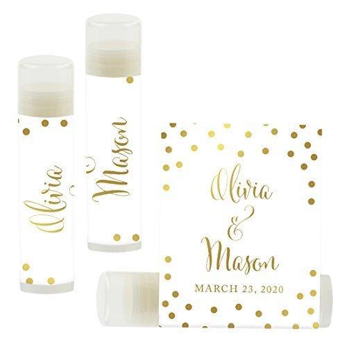 Custom Bridal Shower Bachelorette Party Lip Balm Favors, Brides Name and Date-Set of 12-Andaz Press-Faux Gold Glitter Shimmer-