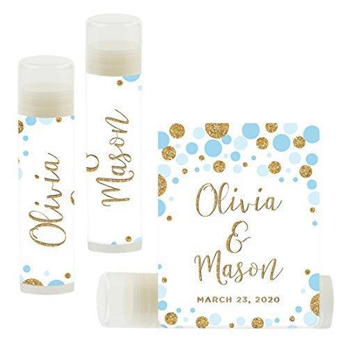 Custom Bridal Shower Bachelorette Party Lip Balm Favors, Brides Name and Date-Set of 12-Andaz Press-Baby Blue Faux Gold Glitter Confetti Dots-