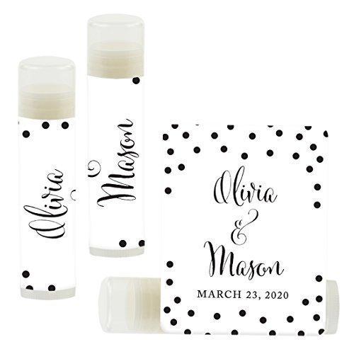 Custom Bridal Shower Bachelorette Party Lip Balm Favors, Brides Name and Date-Set of 12-Andaz Press-Black and White Modern-