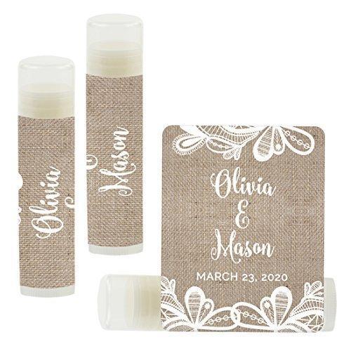Custom Bridal Shower Bachelorette Party Lip Balm Favors, Brides Name and Date-Set of 12-Andaz Press-Burlap Lace-