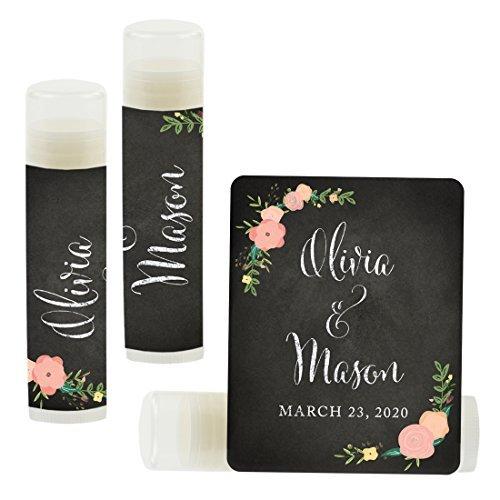 Custom Bridal Shower Bachelorette Party Lip Balm Favors, Brides Name and Date-Set of 12-Andaz Press-Chalkboard Floral Roses-