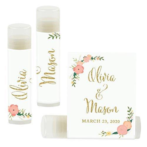 Custom Bridal Shower Bachelorette Party Lip Balm Favors, Brides Name and Date-Set of 12-Andaz Press-Faux Gold Glitter Print with Florals-