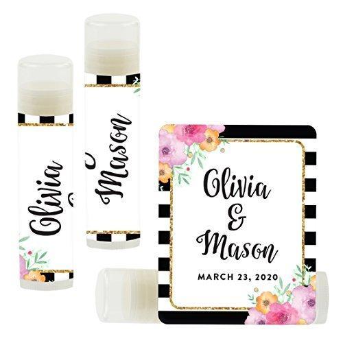 Custom Bridal Shower Bachelorette Party Lip Balm Favors, Brides Name and Date-Set of 12-Andaz Press-Floral Gold Glitter Print with Black White Stripes-