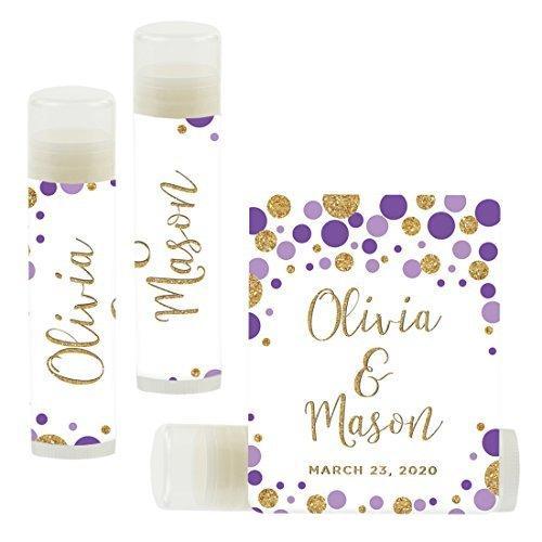 Custom Bridal Shower Bachelorette Party Lip Balm Favors, Brides Name and Date-Set of 12-Andaz Press-Lavender Purple Faux Gold Glitter Confetti Dots-