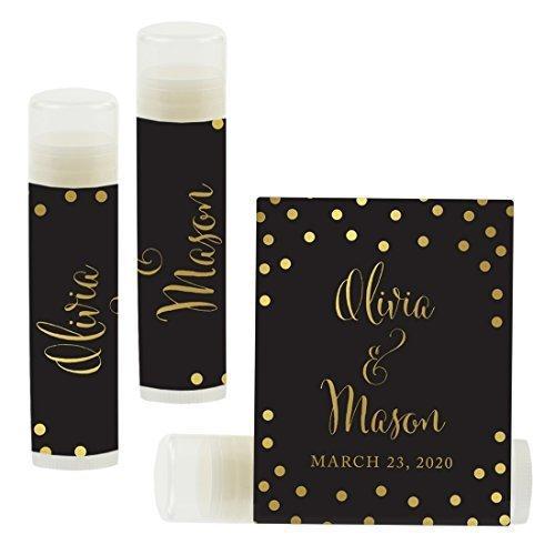 Custom Bridal Shower Bachelorette Party Lip Balm Favors, Brides Name and Date-Set of 12-Andaz Press-Metallic Gold Ink on Black-
