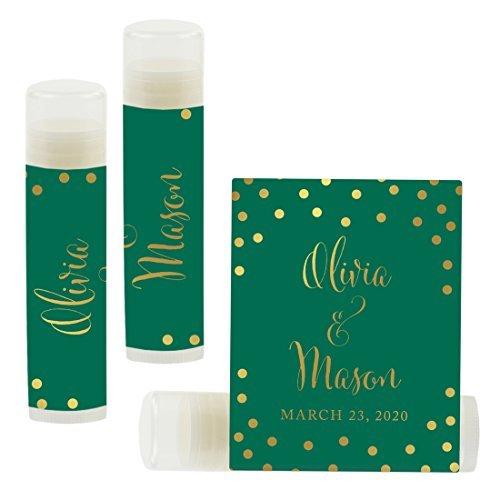 Custom Bridal Shower Bachelorette Party Lip Balm Favors, Brides Name and Date-Set of 12-Andaz Press-Metallic Gold Ink on Emerald Green-