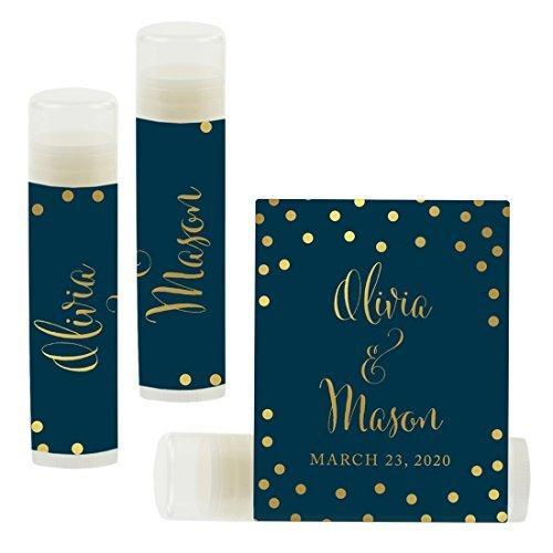 Custom Bridal Shower Bachelorette Party Lip Balm Favors, Brides Name and Date-Set of 12-Andaz Press-Metallic Gold Ink on Navy Blue-