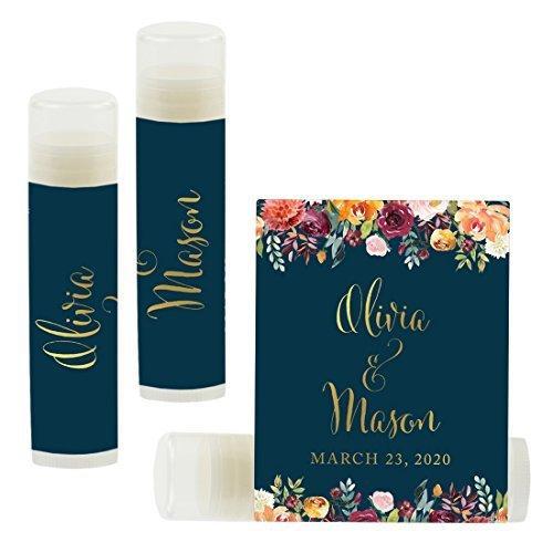 Custom Bridal Shower Bachelorette Party Lip Balm Favors, Brides Name and Date-Set of 12-Andaz Press-Metallic Gold Ink on Navy Blue with Burgundy Florals-